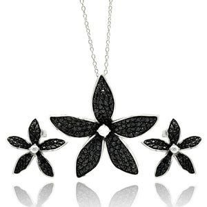 Silver 925 Rhodium Plated Black Flower CZ Stud Earring and Necklace Set
